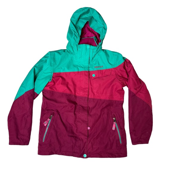 Marmot Girls Coat Snow Ski Hooded Pockets Soft Zip Up Snap Button Pink Large - Picture 1 of 15